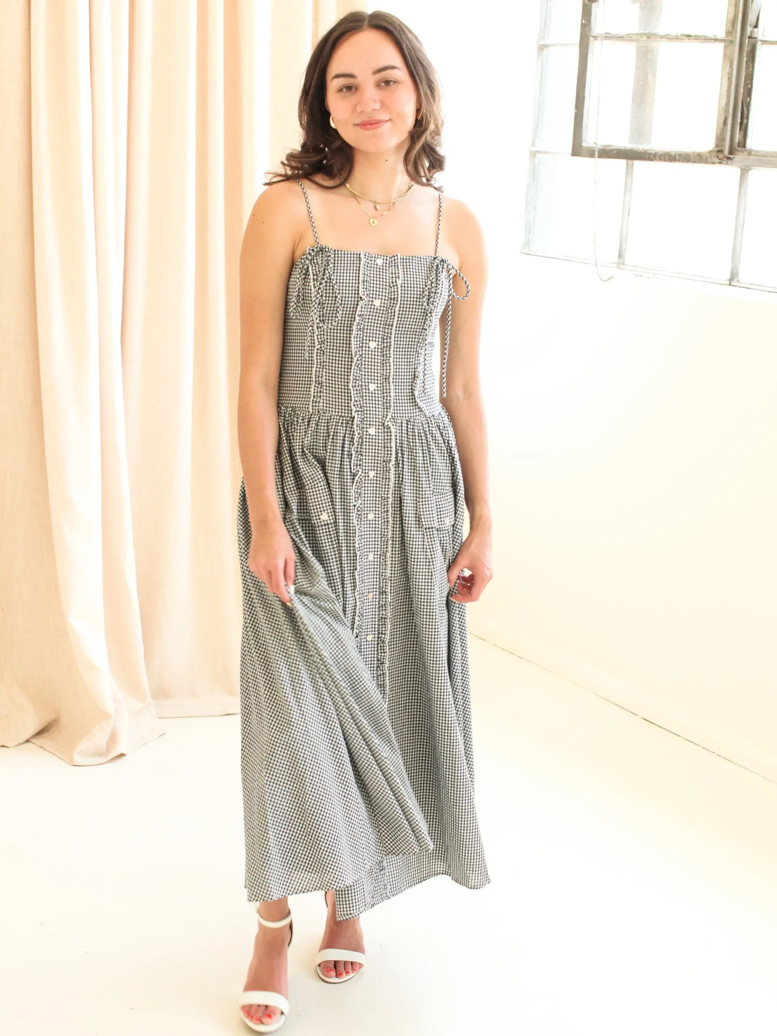 Emery Gingham Midi Dress - Navy Flattering Fit for All