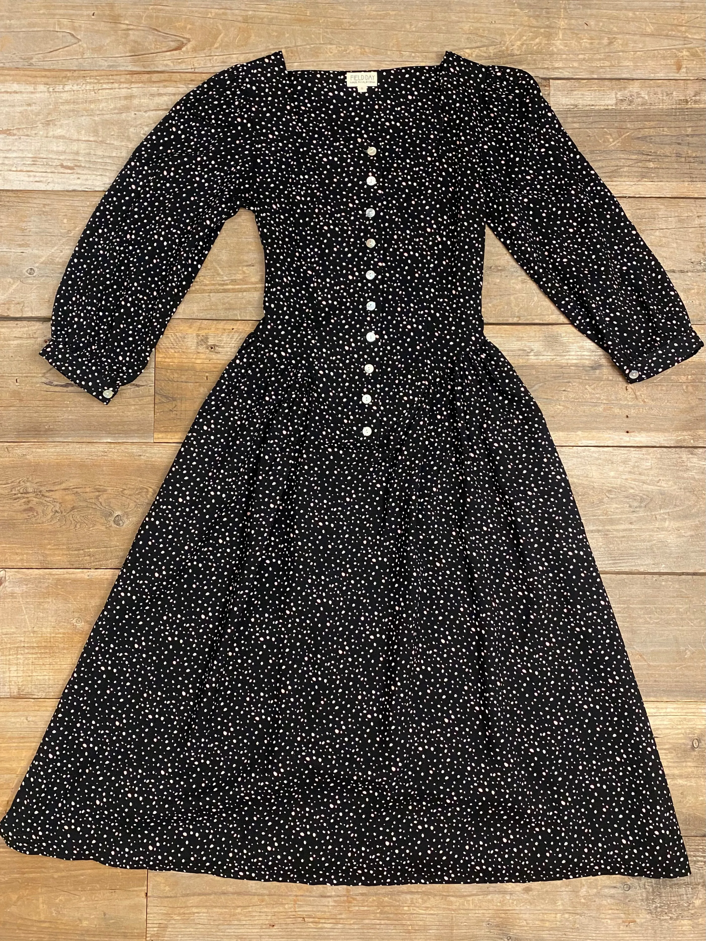 Prairie Dress in Black Dot relaxed elegance Glossy Fabric