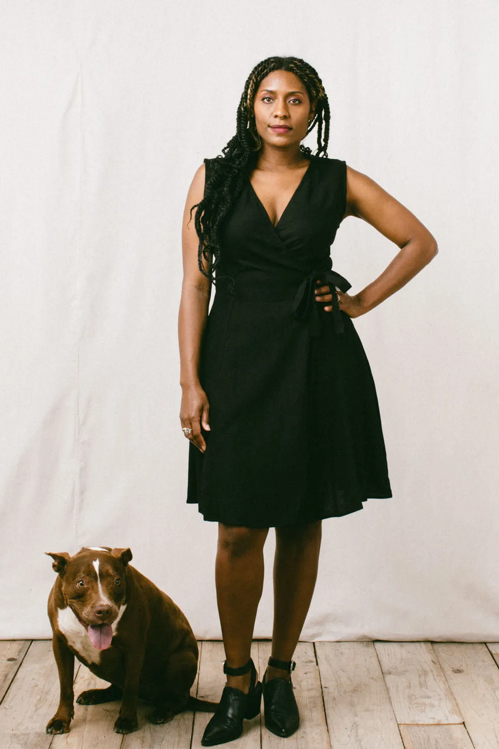 Thea Dress in Black Linen Gloss Accent Office Smart