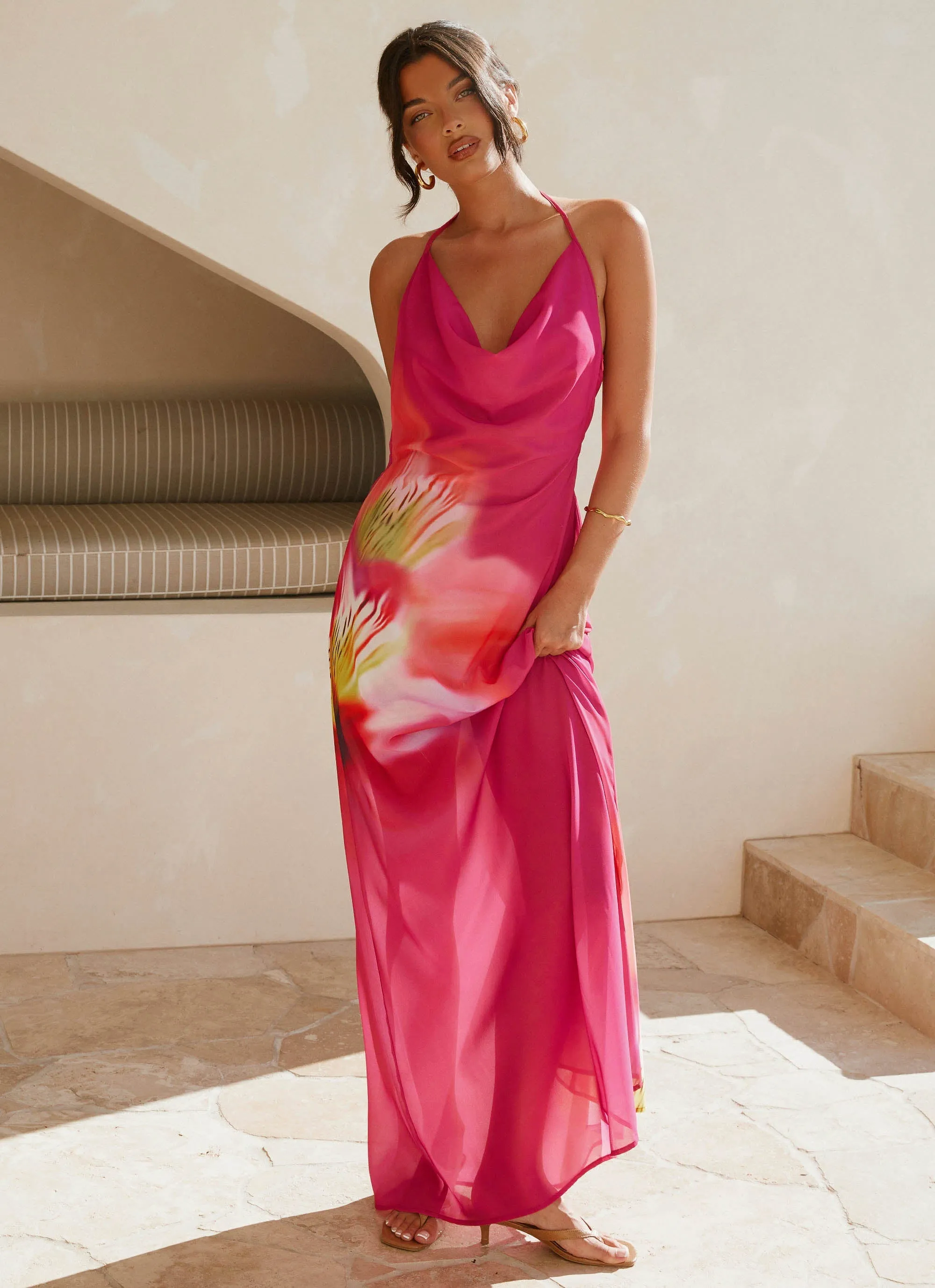 Formal dinner wear Fantasy Maxi Dress - Pink Tropical