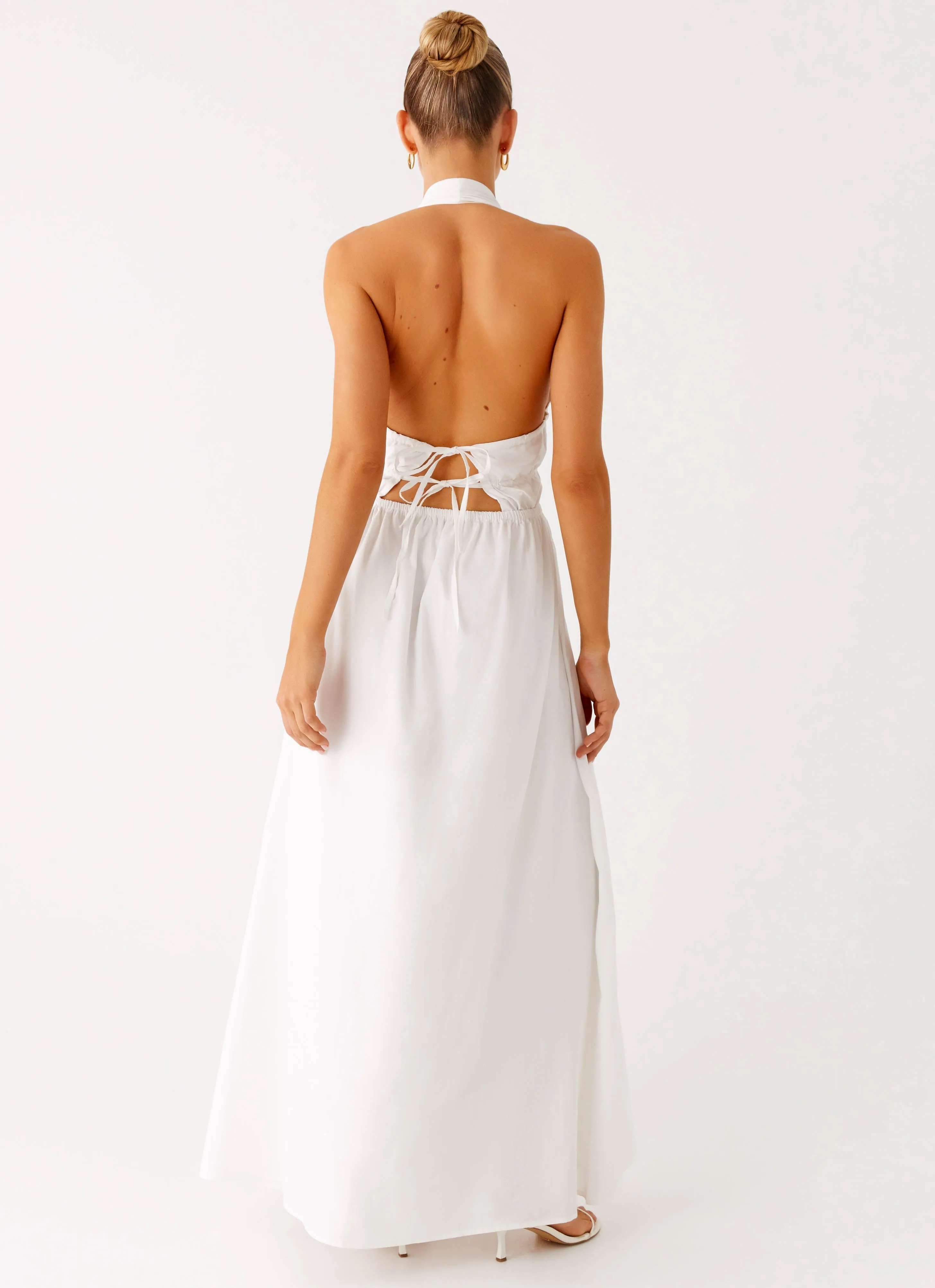 Neutral Mood One-Shoulder Figaro Halter Maxi Dress - White
