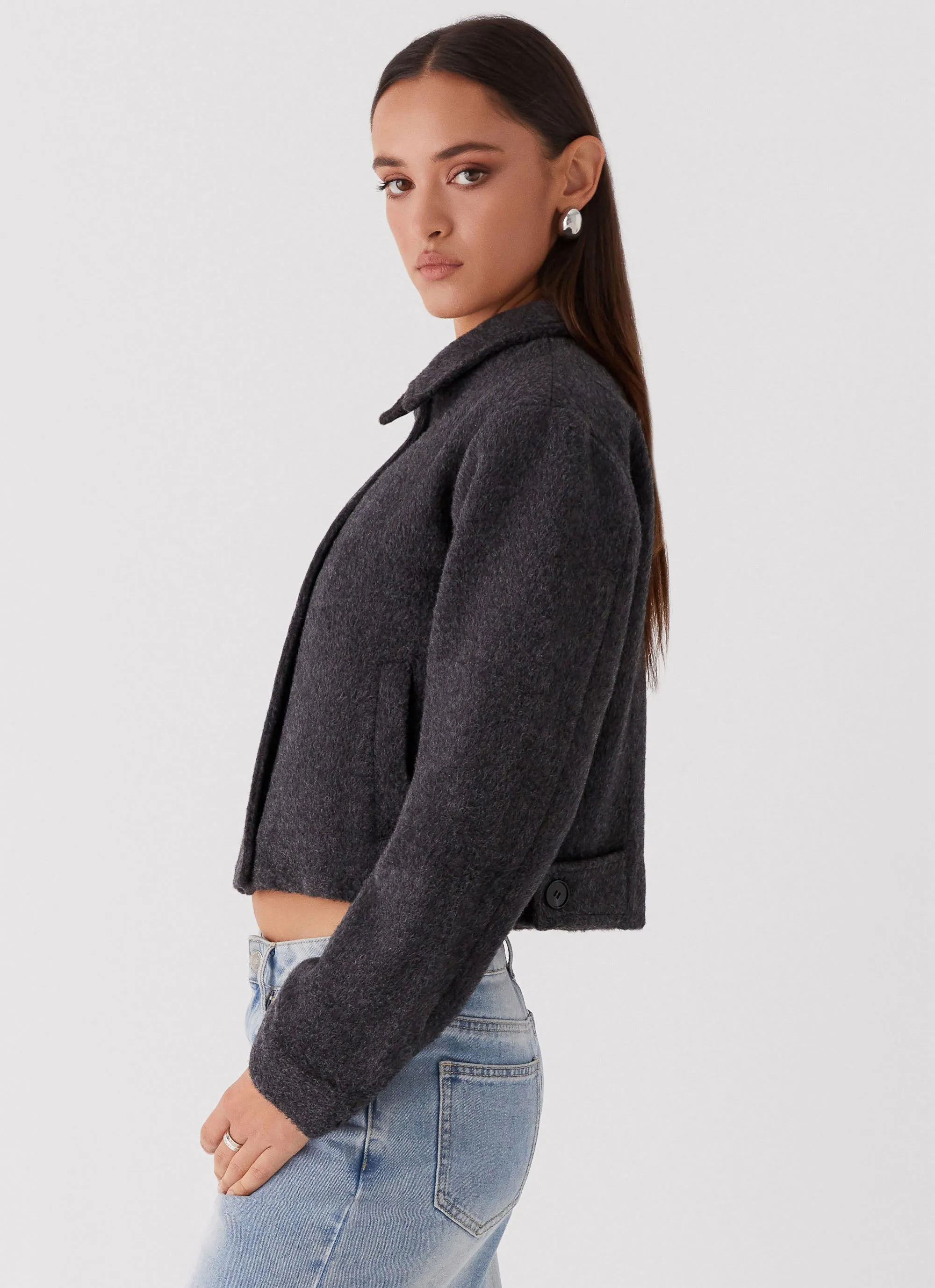 Waist Belt Travel Ready Lexi Jayde Wool Zip Jacket - Dark Grey