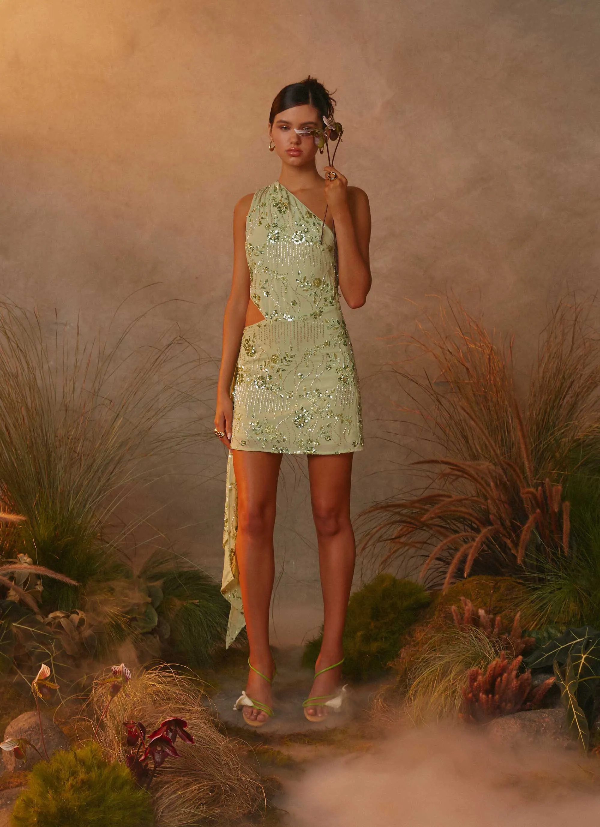 Juelz Beaded Mini Dress - Lime Flowing Lines