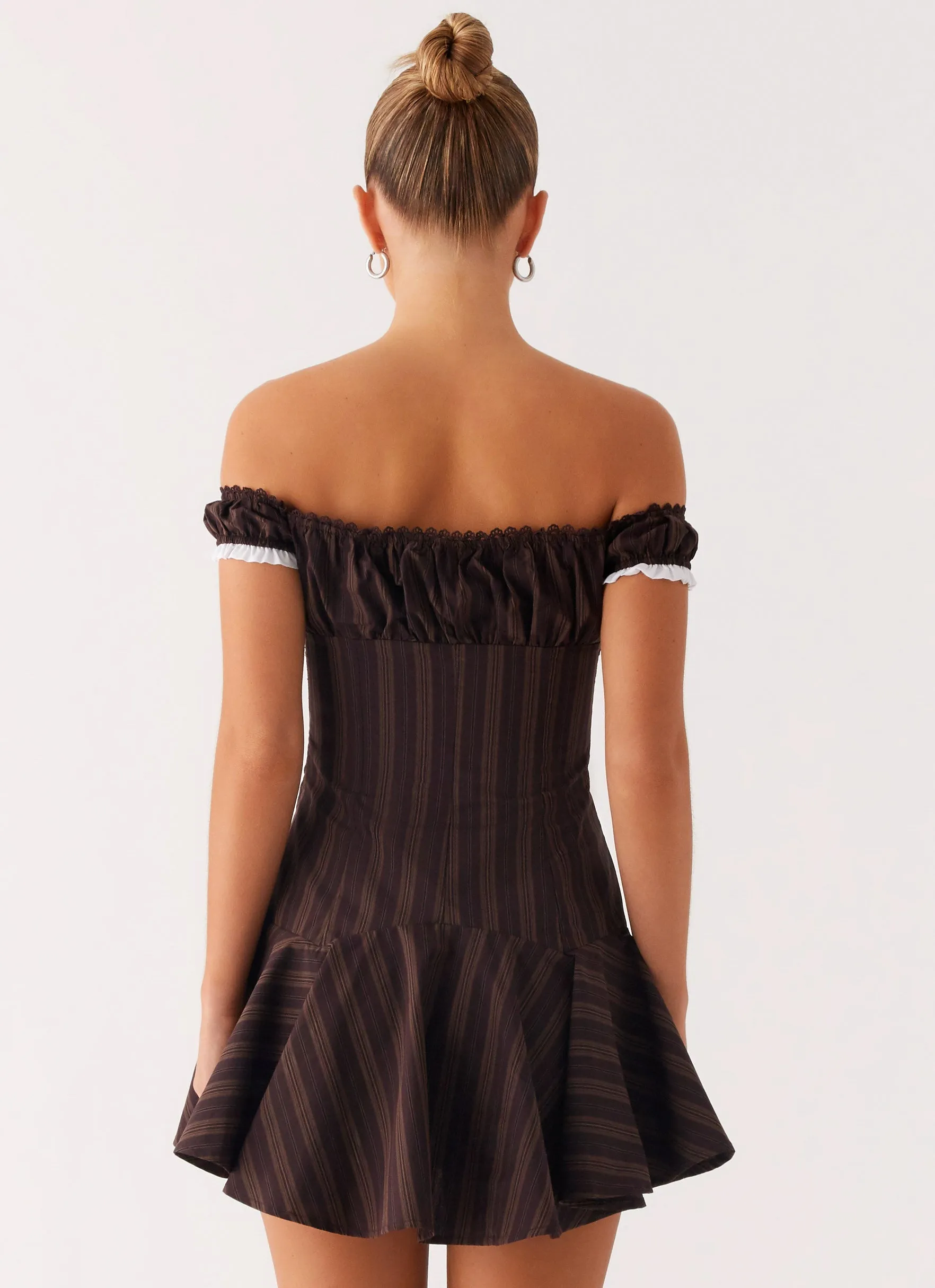 Jumana Off Shoulder Mini Dress - Toffee Stripe Leather Look