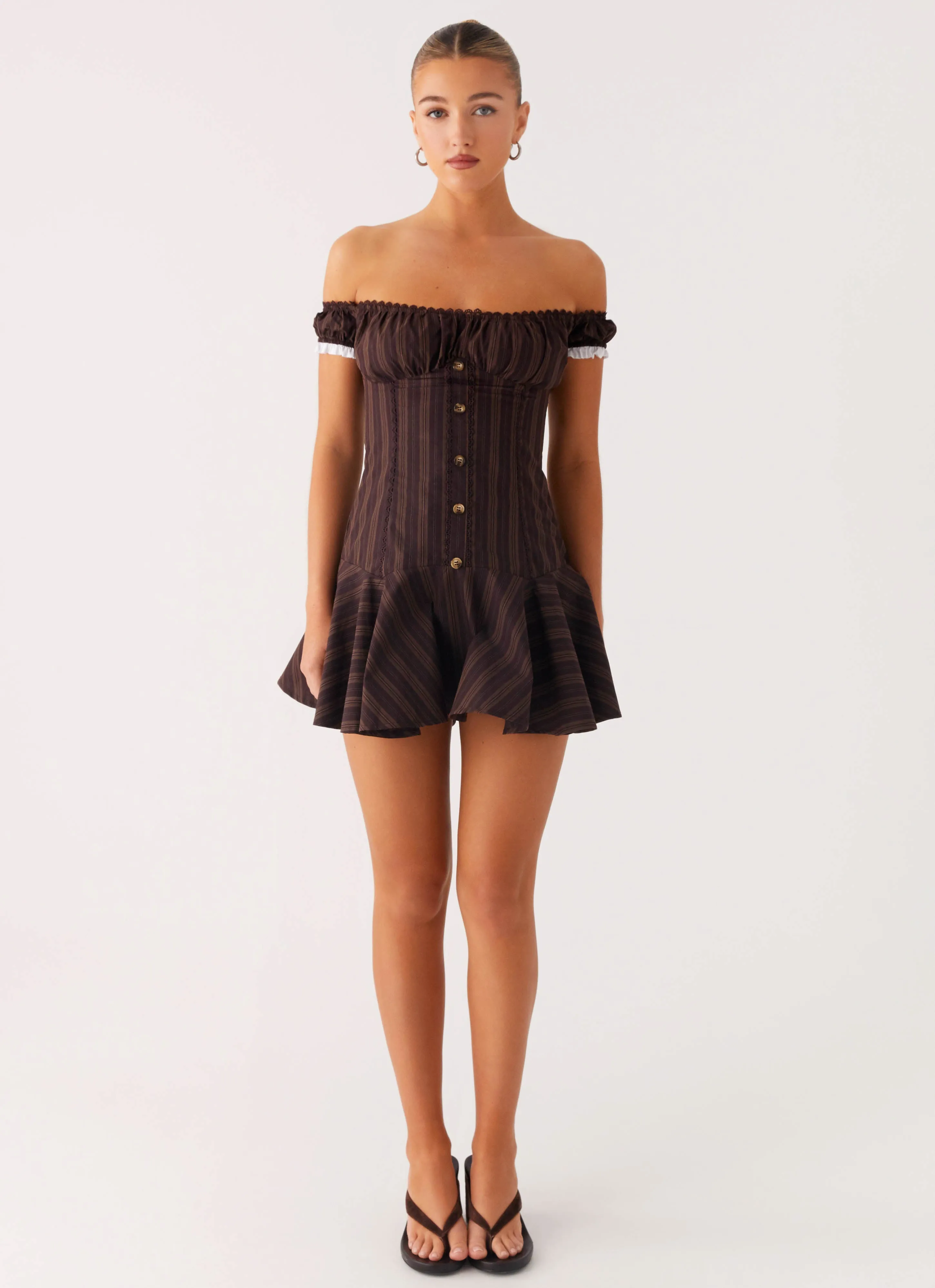 Jumana Off Shoulder Mini Dress - Toffee Stripe Thermal-Lined