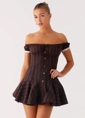 Jumana Off Shoulder Mini Dress - Toffee Stripe Smooth Texture