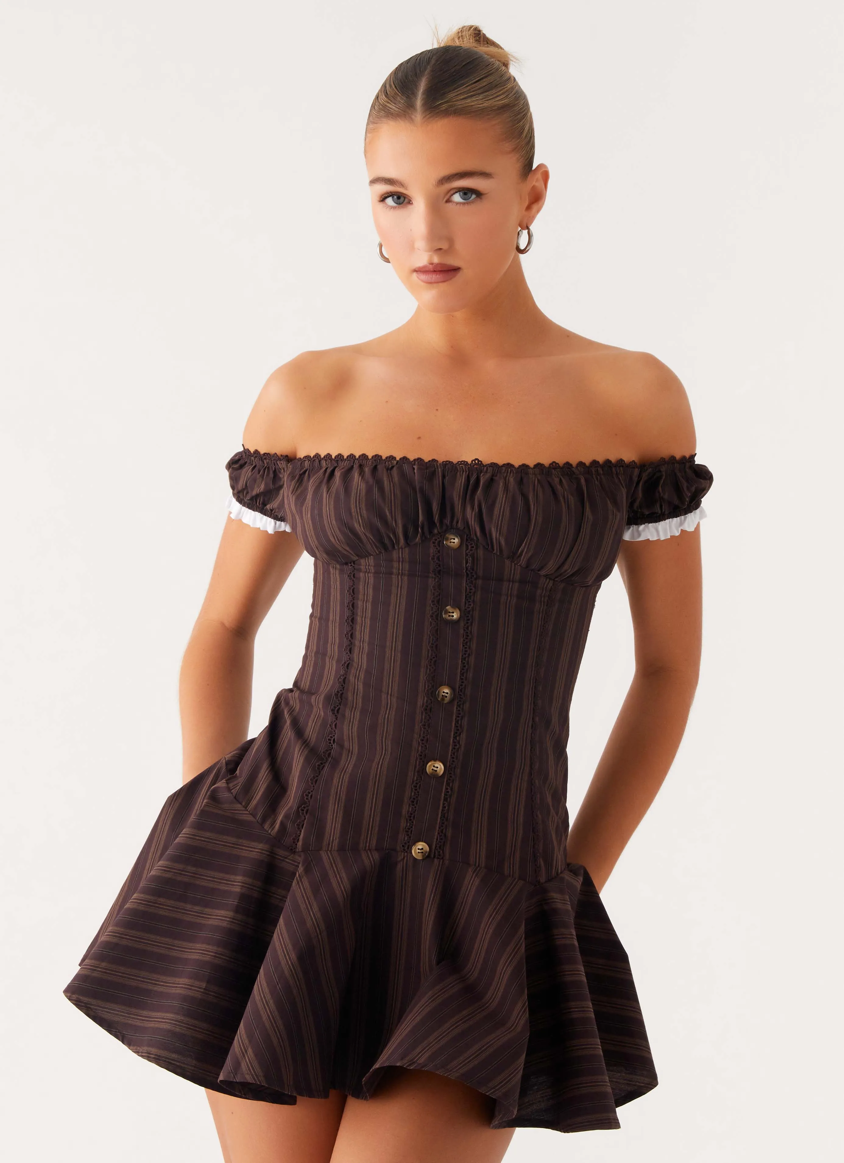 Jumana Off Shoulder Mini Dress - Toffee Stripe Chill Tones Synthetic Blend