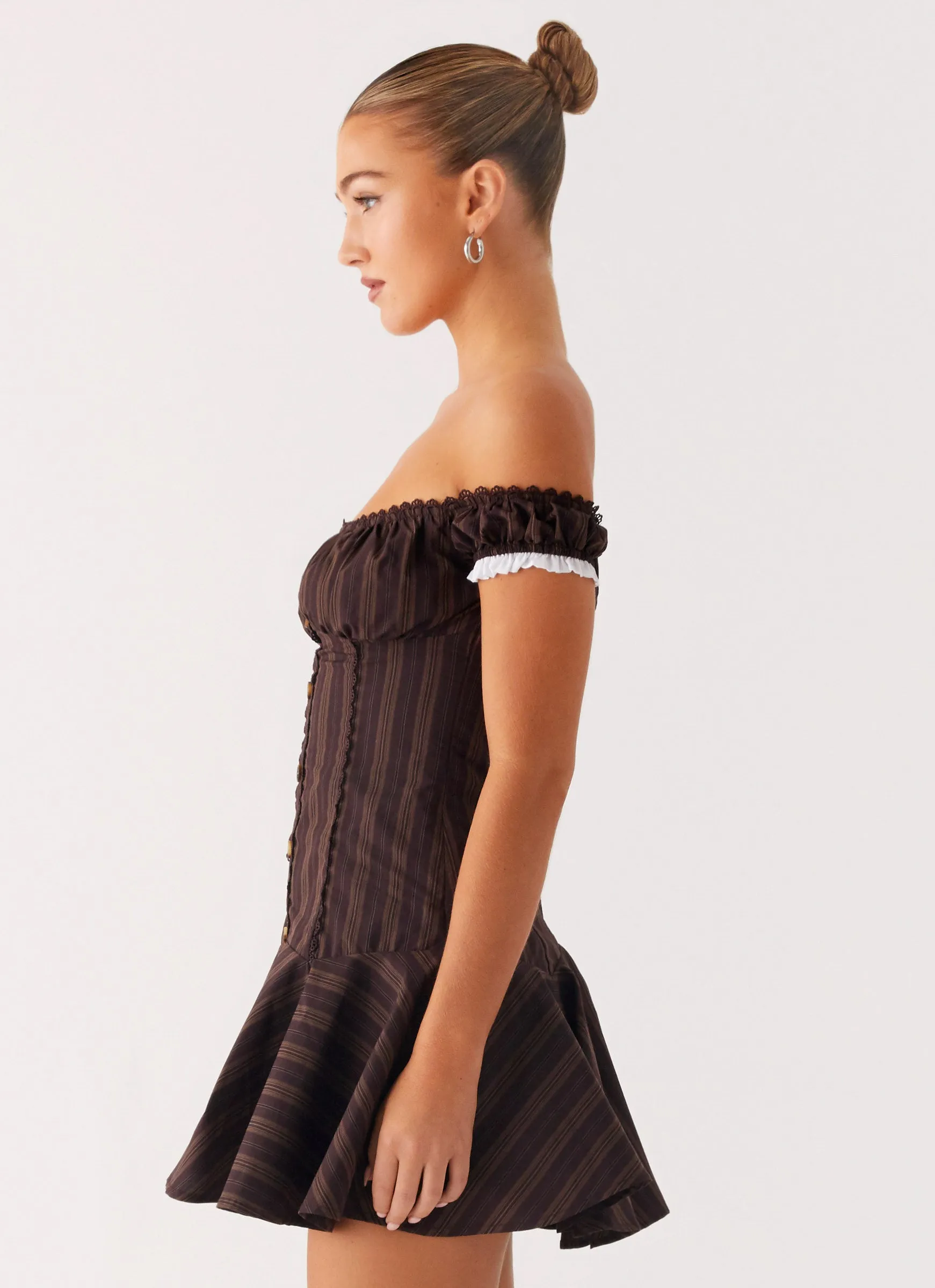 Light Fabrication Jumana Off Shoulder Mini Dress - Toffee Stripe