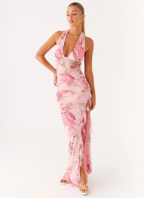 Versatile Layer Wear Subtle Look Micca Halter Maxi Dress - Pink Floral Print