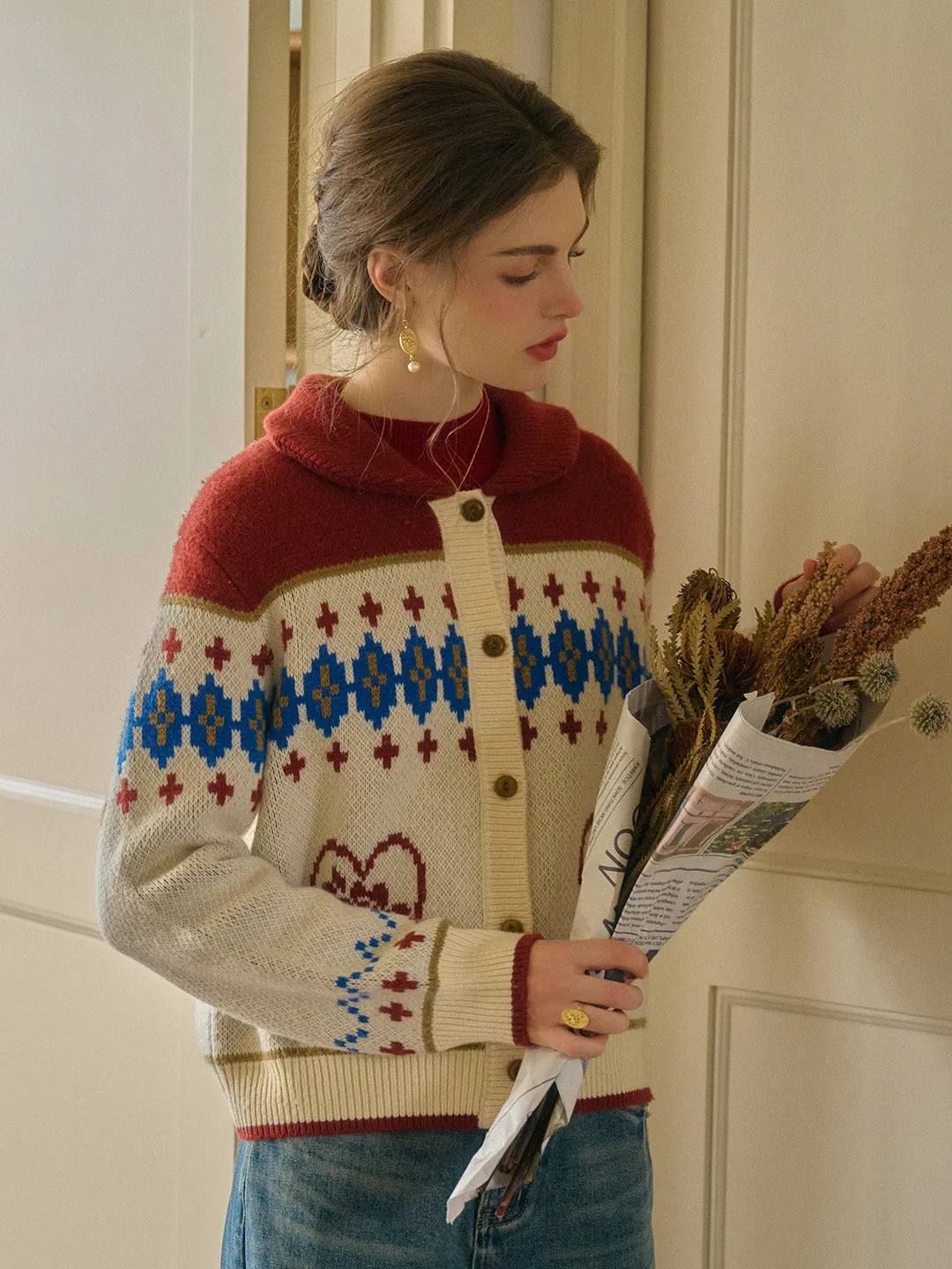 Recycled Polyester Fabric Samira Vintage Lapel SR Exclusive Design Rose Jacquard Fair Isle Cardigan