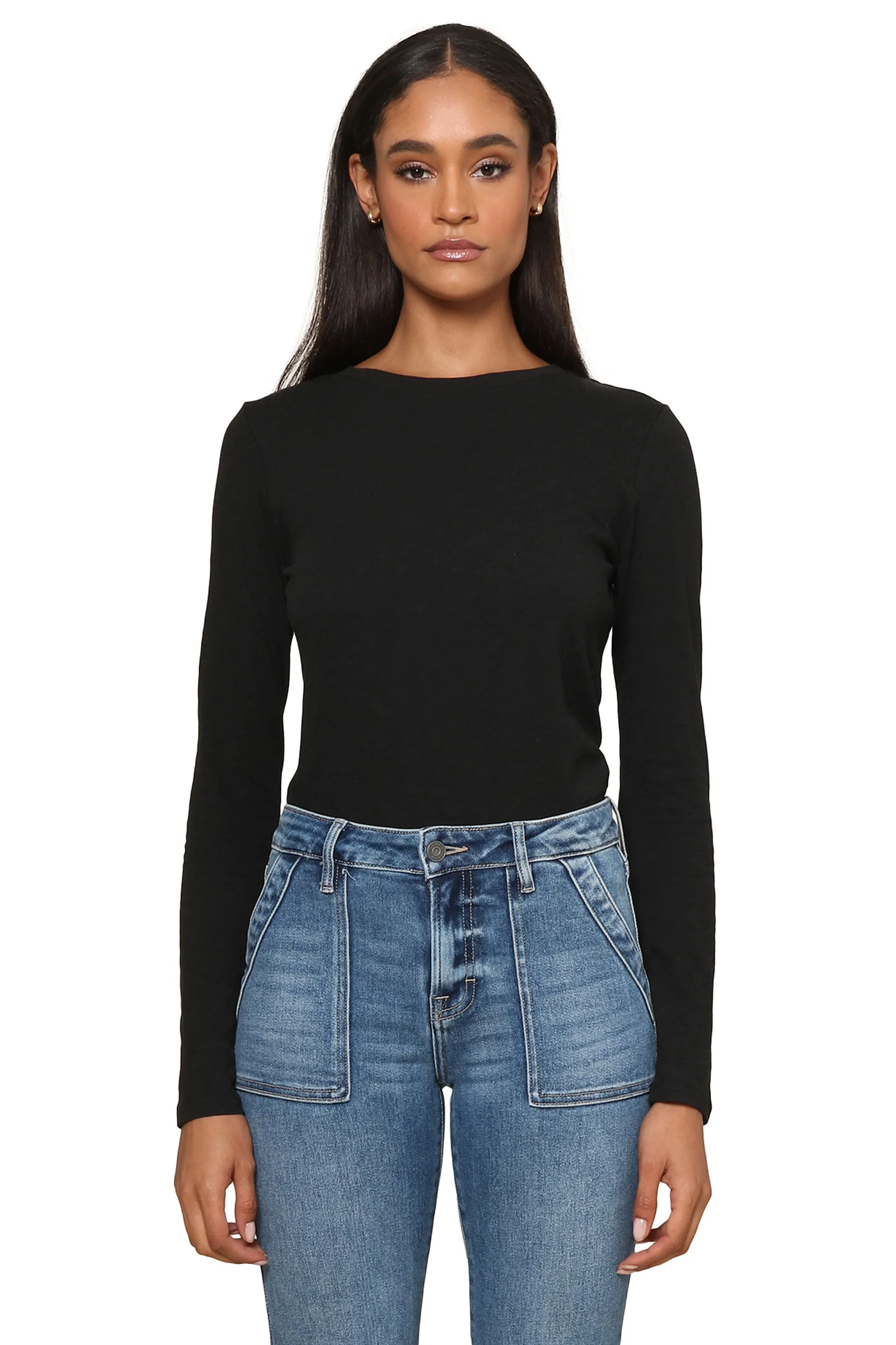 High Neckline Structure High Density Weave Modern Slub Long Sleeve Tee