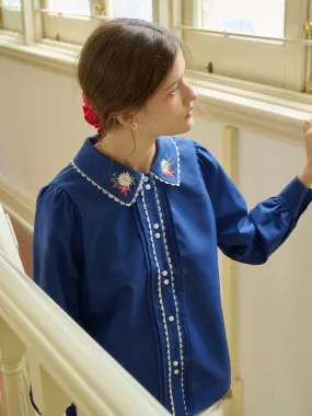 V-neck Shirt FlatlockStitching ??Final Sale??Kylee Contrast Floral Embroidered Lapel Lace Panel Shirt