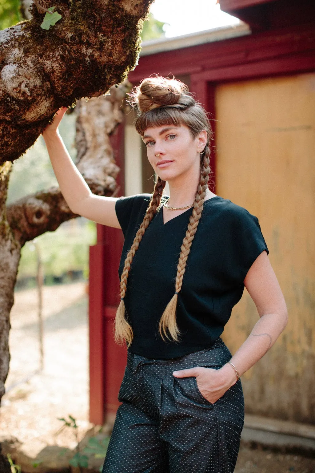 WaffleWeave Dolman Top in Black Challis