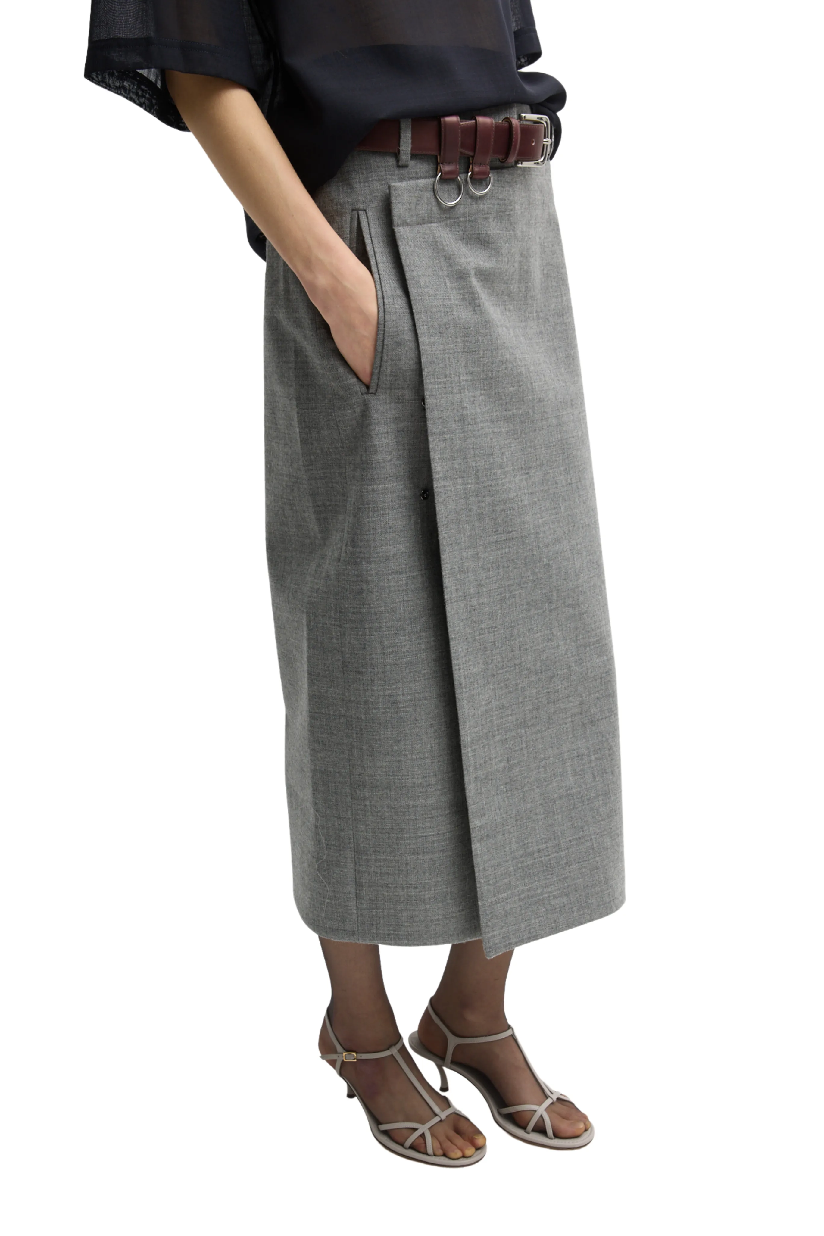 PaddedInsulation Layered Sleeve Techy Bonded Wool Wrap Midi Skirt