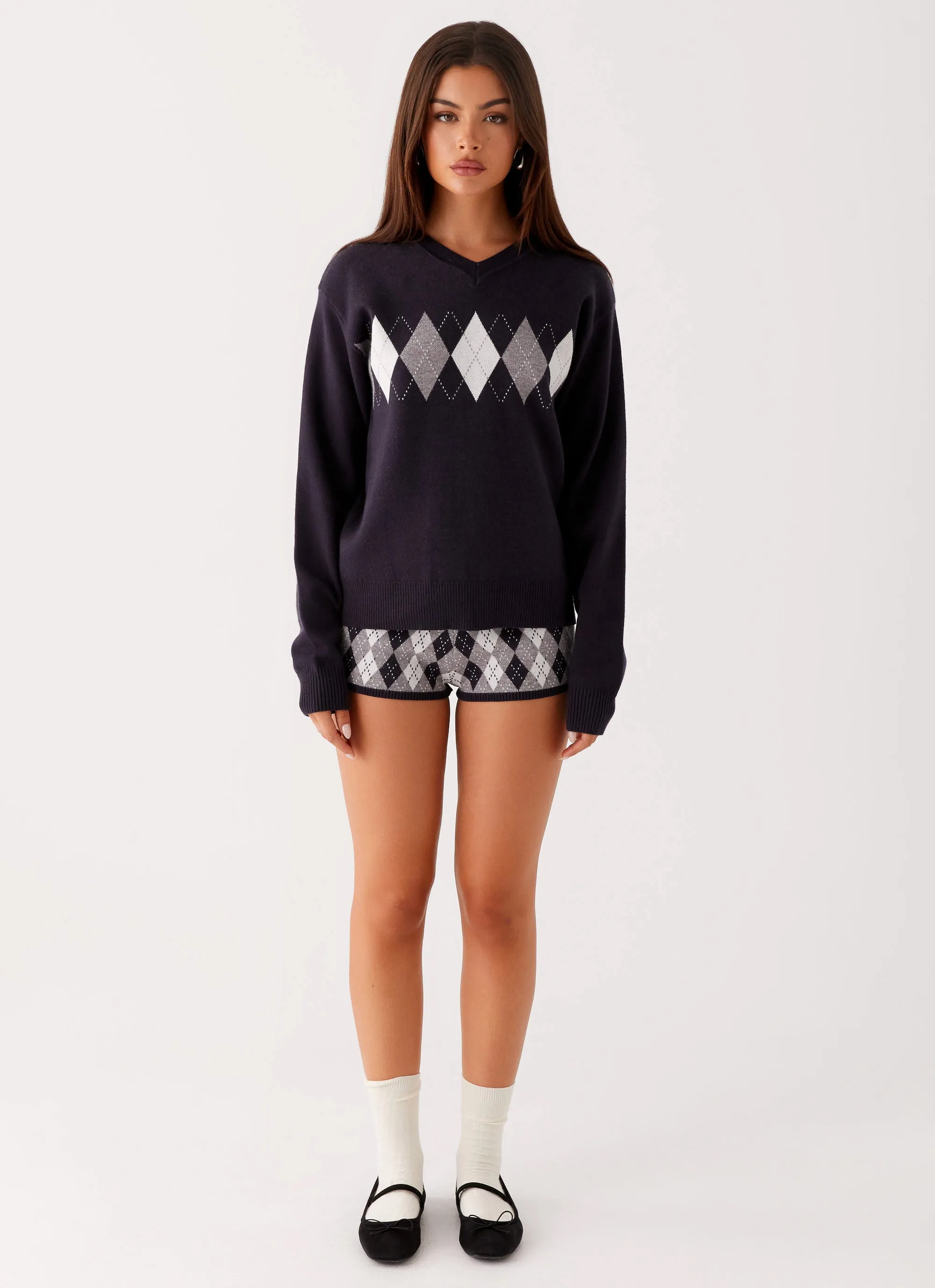 Adjustable Hood Context Knit Sweater - Navy