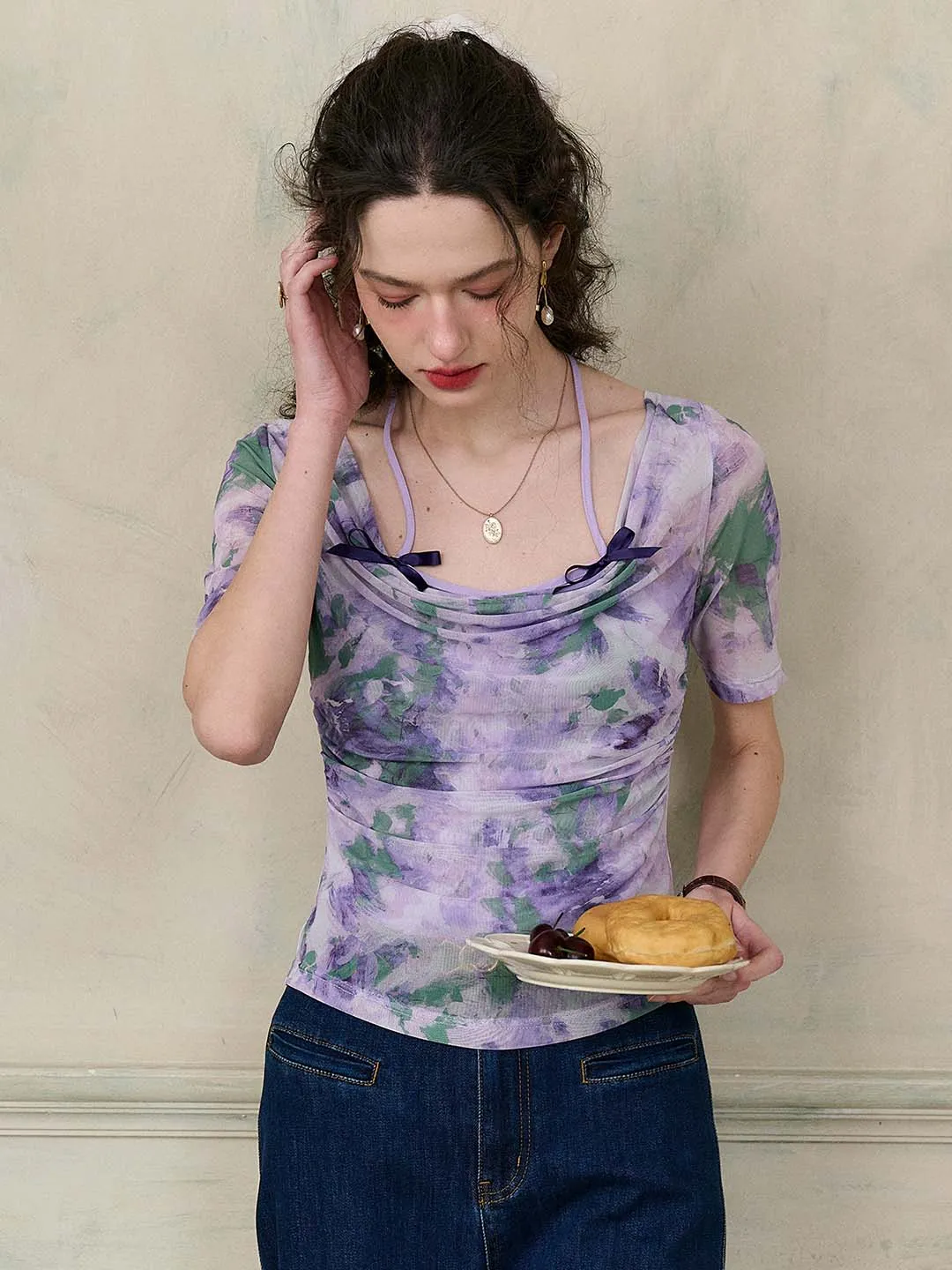 ??Final Sale??Frankie Floral Print Contrast Color Bow Top FrictionResistant Fabric