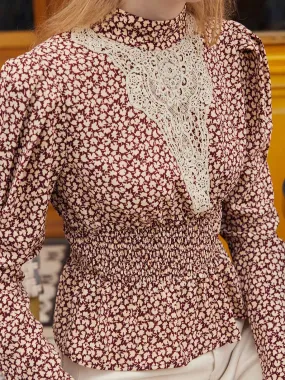 Weighted Hem Trim Sustainable Manufacturing ??Flash Sale??Scarlett Maple Leaf Print Waist-Cinching Lace Contrast Blouse