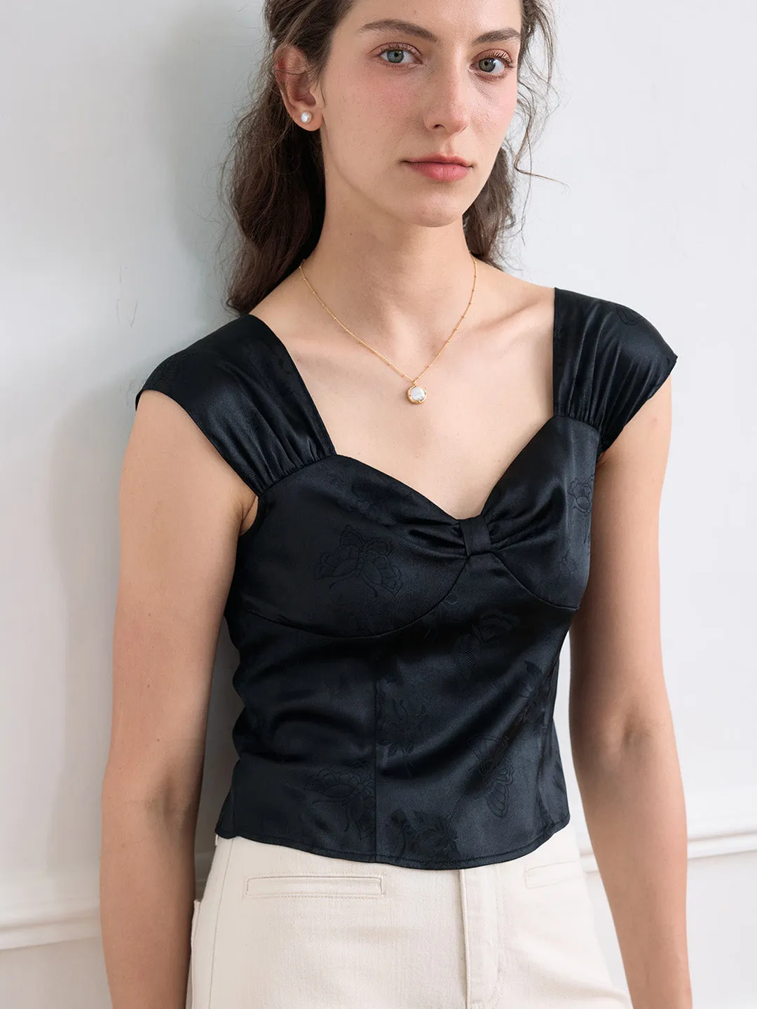 Flexible Ribbing Michaela Solid Sweetheart Neck Satin Blouse