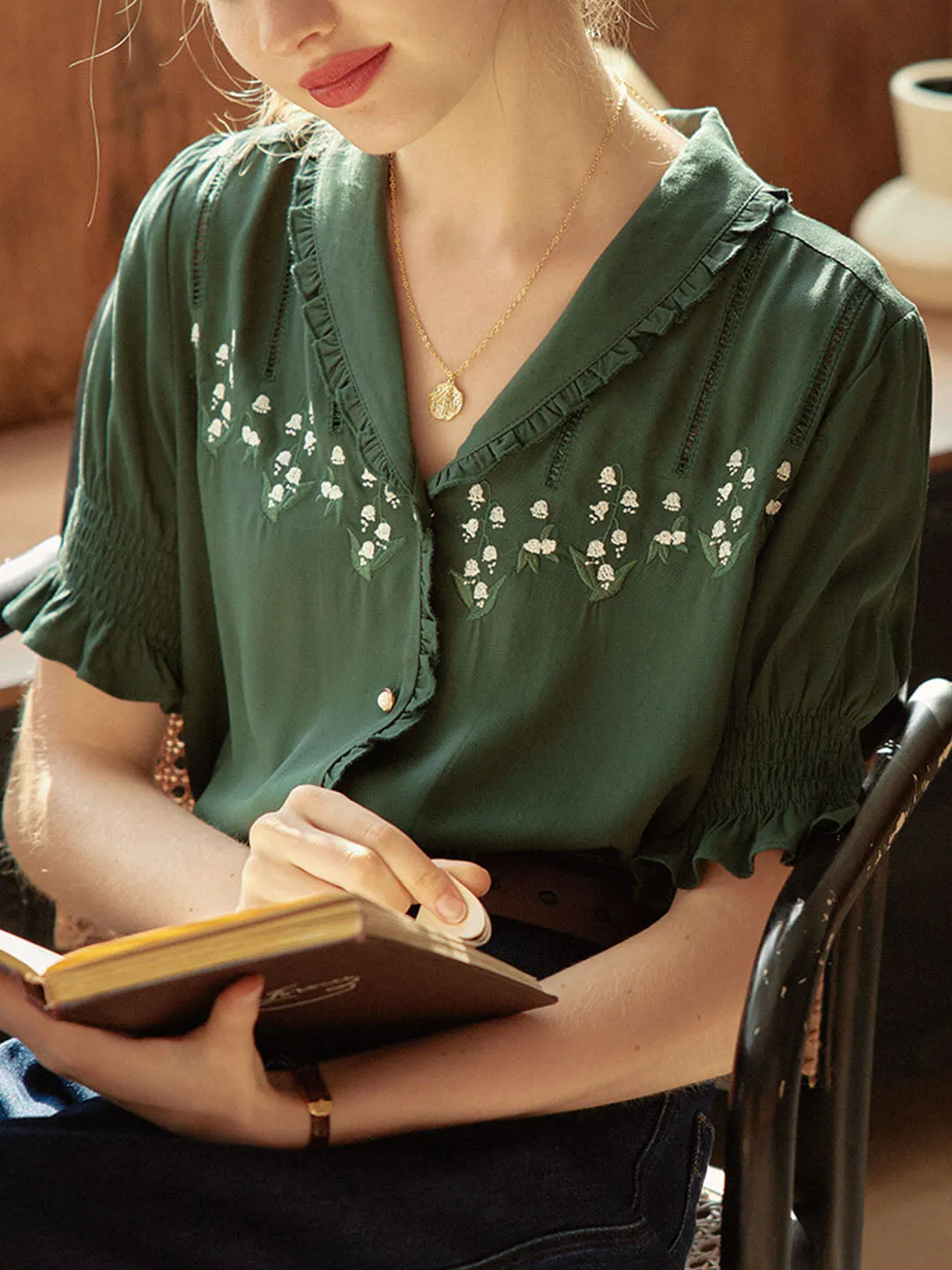 Convallaria Floral Embroidered Puff Top LightweightLayeredFabric