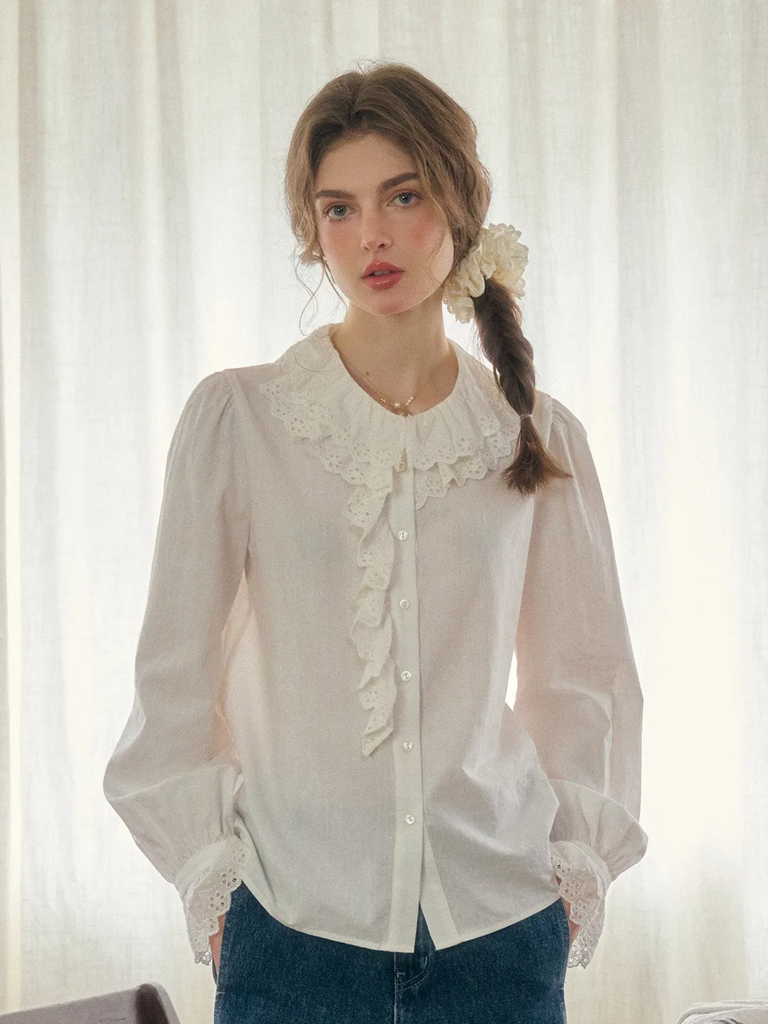 Azalea Double-Layered Lace Ruffled Collar Hollow Cotton Blouse Bound Edges