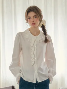Azalea Double-Layered Lace Ruffled Collar Hollow Cotton Blouse HighElasticity PlushLining