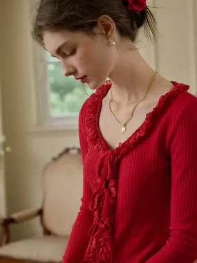 SheerLayering Phoebe U-neck Bow Lace Patchwork Knitted Cardigan