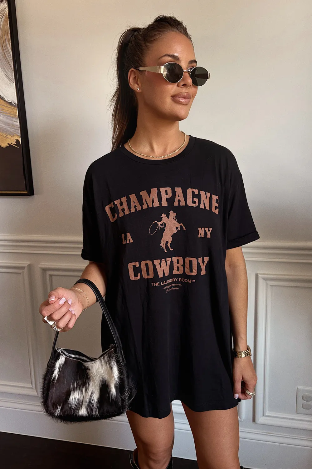 Champagne Cowboy Oversized Tee- Black LayeringFriendly Weight Quick Dry Fabric