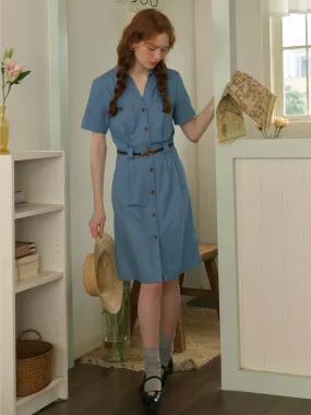 Emely Lapel V-neck Symmetrical Pocket A-line Cotton Dress (No Belt) Cool Tone