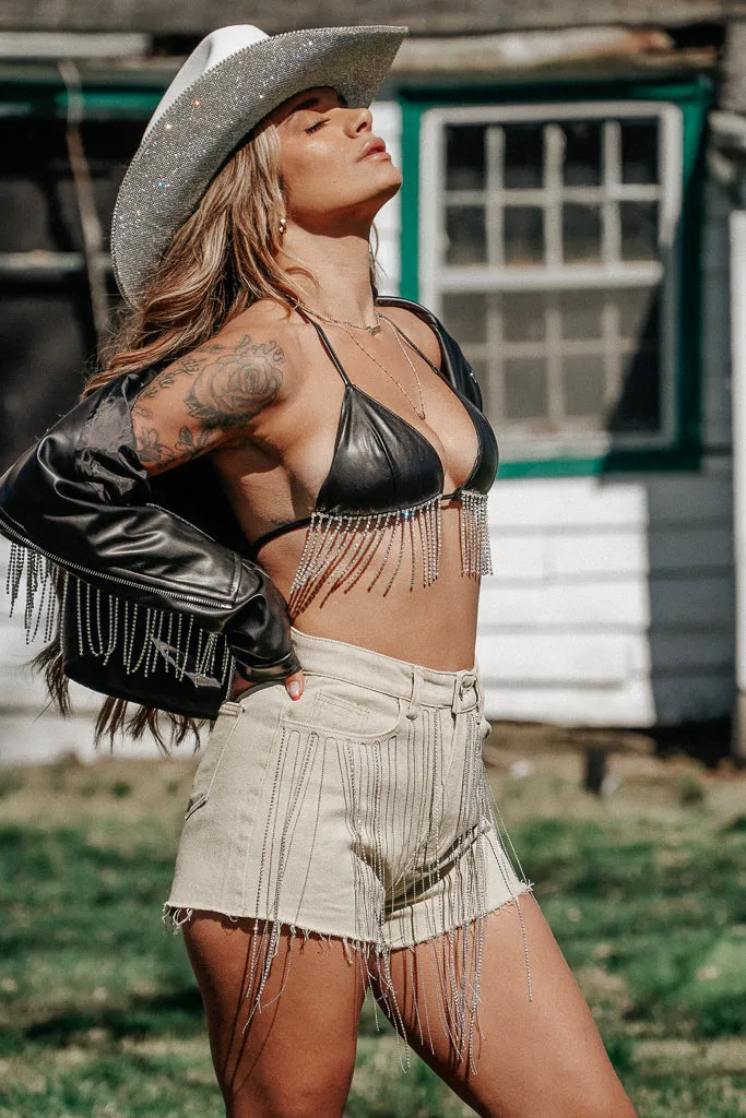 Day Ready Wild West Rhinestone Fringe Shorts- Tan