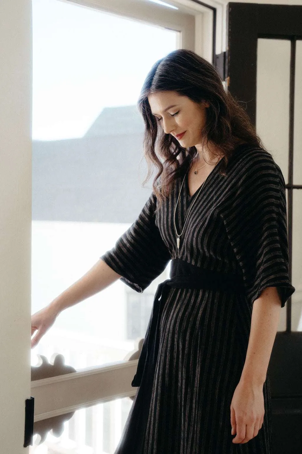 Diana Dress in Black 2 Tone Stripe Cotton Gemstone-Detail Comfy and Cozy