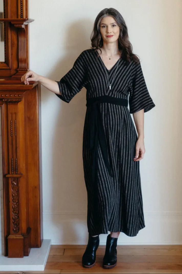 Diana Dress in Black 2 Tone Stripe Cotton Soft Tones
