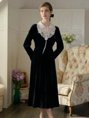 Minimalist Look Cora Contrast Lace Flounce Sleeve Velvet Dress-Black