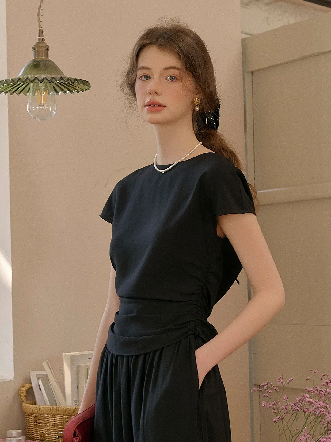 Antibacterial Hypoallergenic fabric Coraline Round Neck Irregular Pleated Wool Top