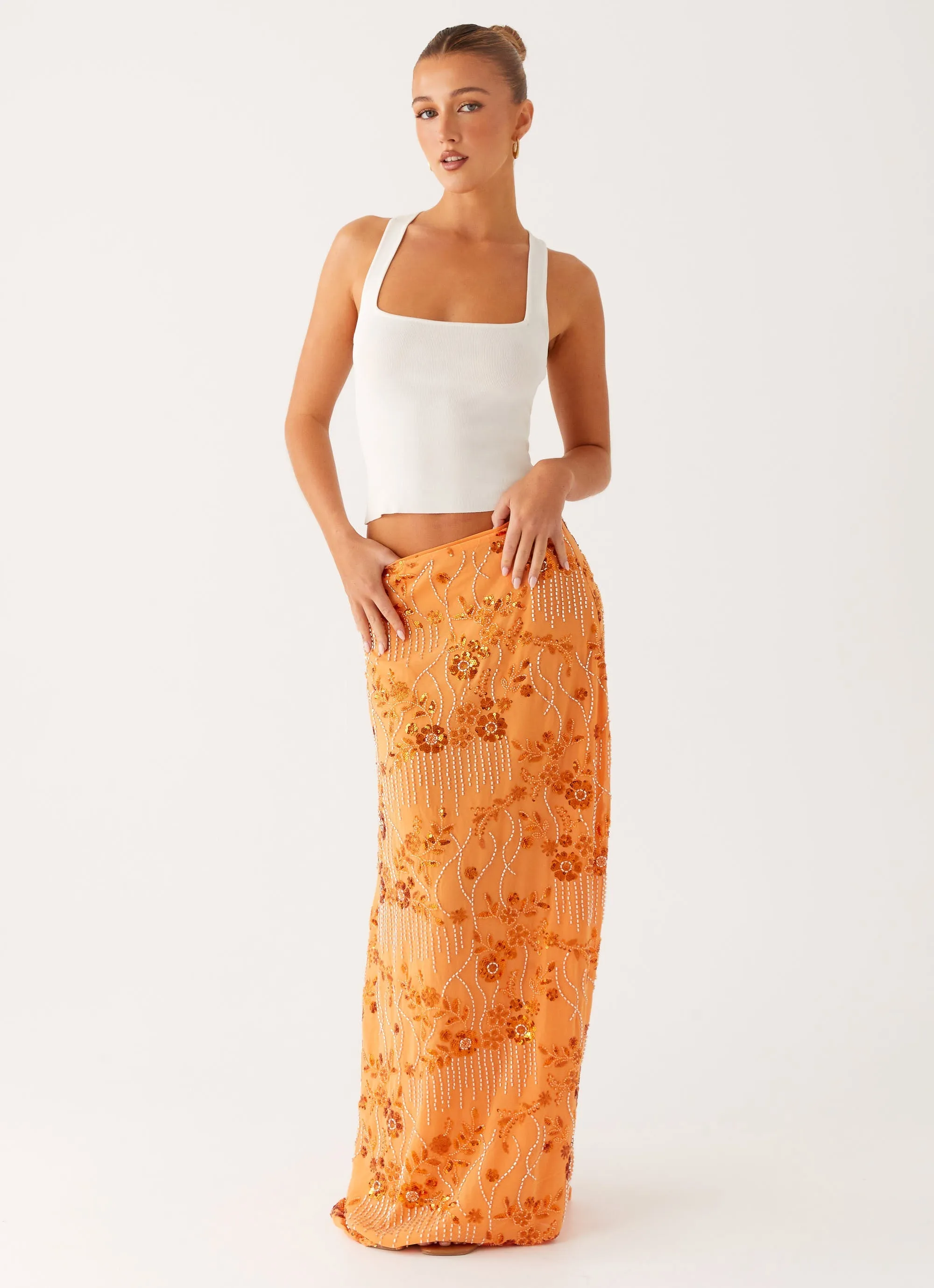 Corinna Low Rise Sequin Maxi Skirt - Orange Retro Style