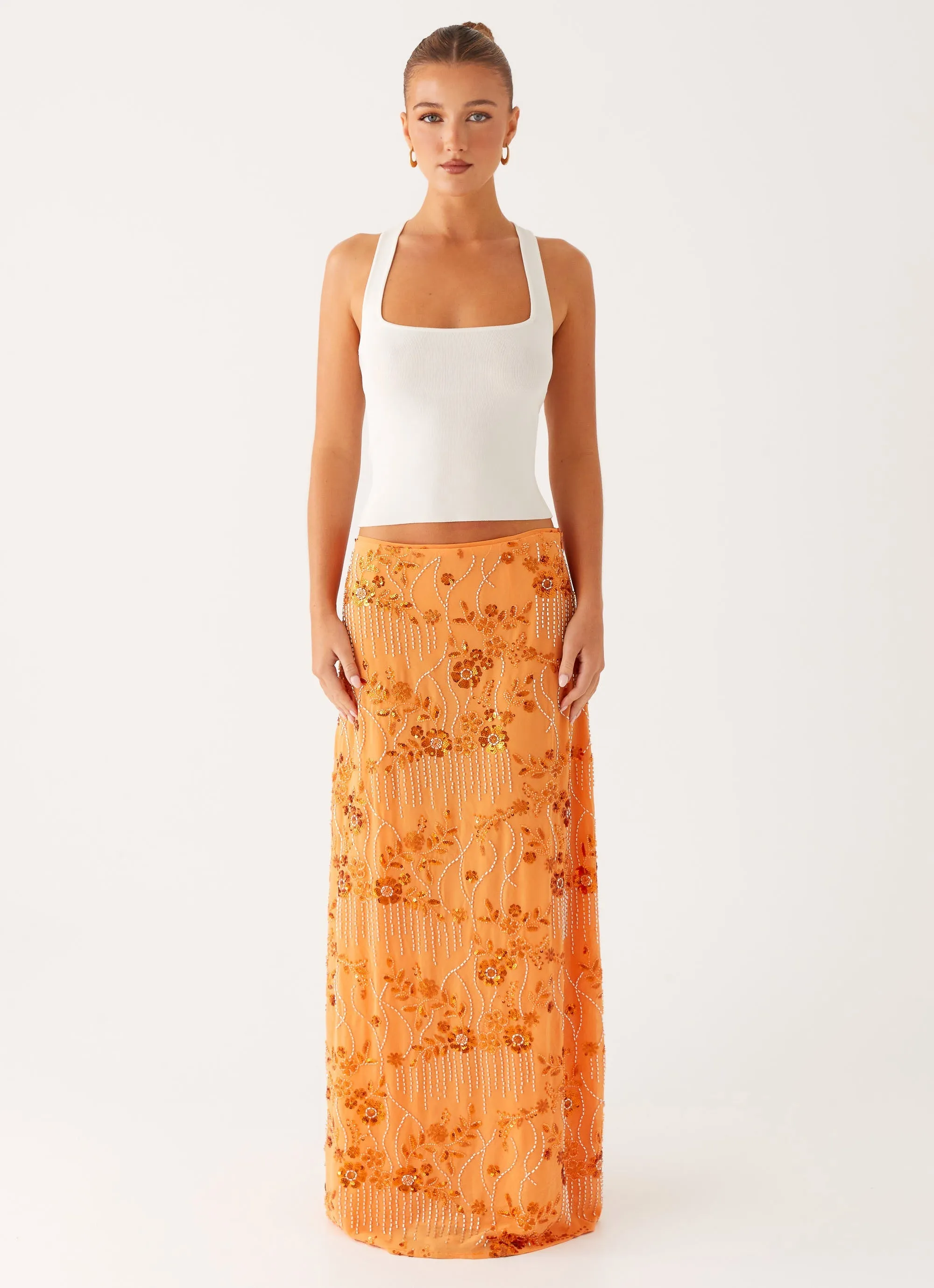 Waist Defining Balanced Outfit Corinna Low Rise Sequin Maxi Skirt - Orange