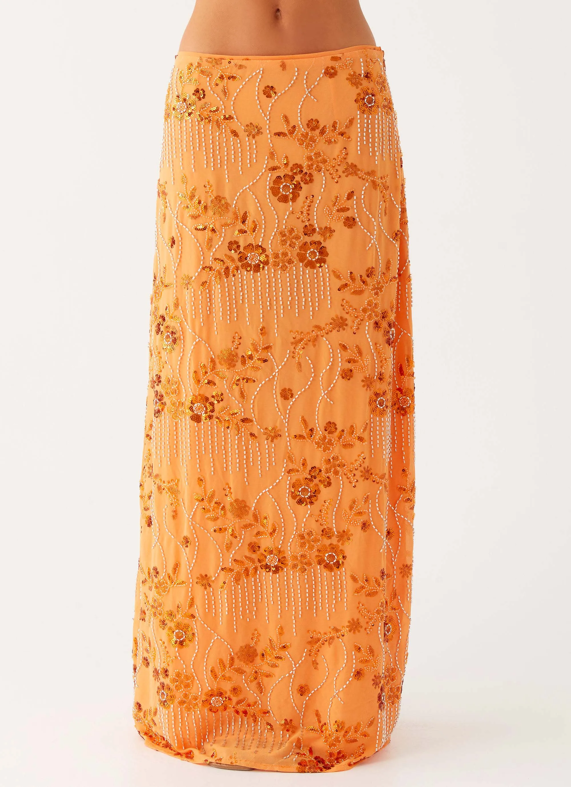 Mood Outfitboard Corinna Low Rise Sequin Maxi Skirt - Orange