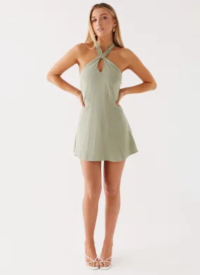 Counting Stars Linen Halterneck Dress - Sage Adjustable Hem