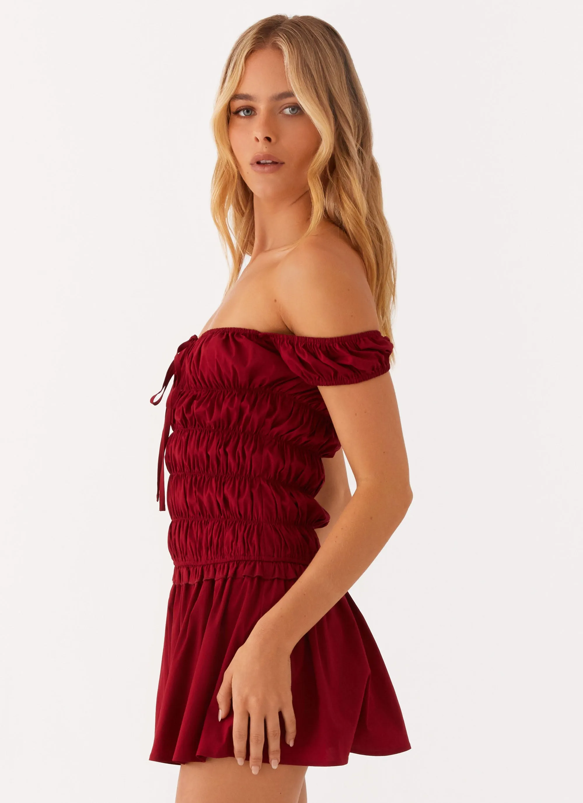 Elegant Feel Countryside Off Shoulder Mini Dress - Deep Red