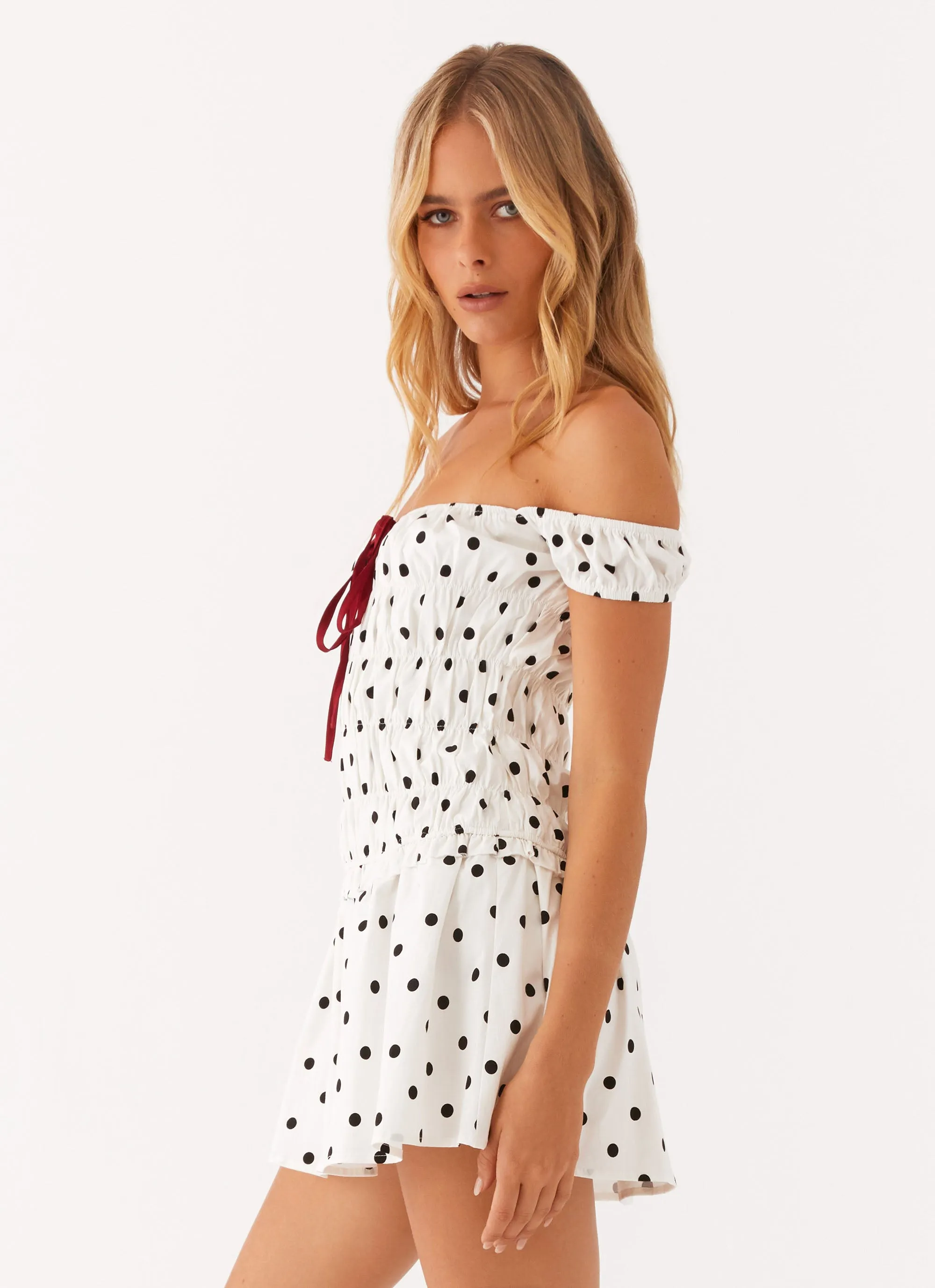 Countryside Off Shoulder Mini Dress - White Polkadot Crisscross Details