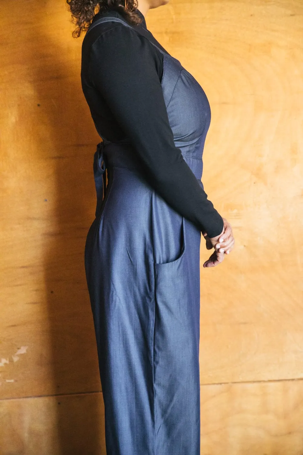 Adjustable Waist Cozy and Relaxed Yolked Juniper Jumpsuit in Denim Tencel