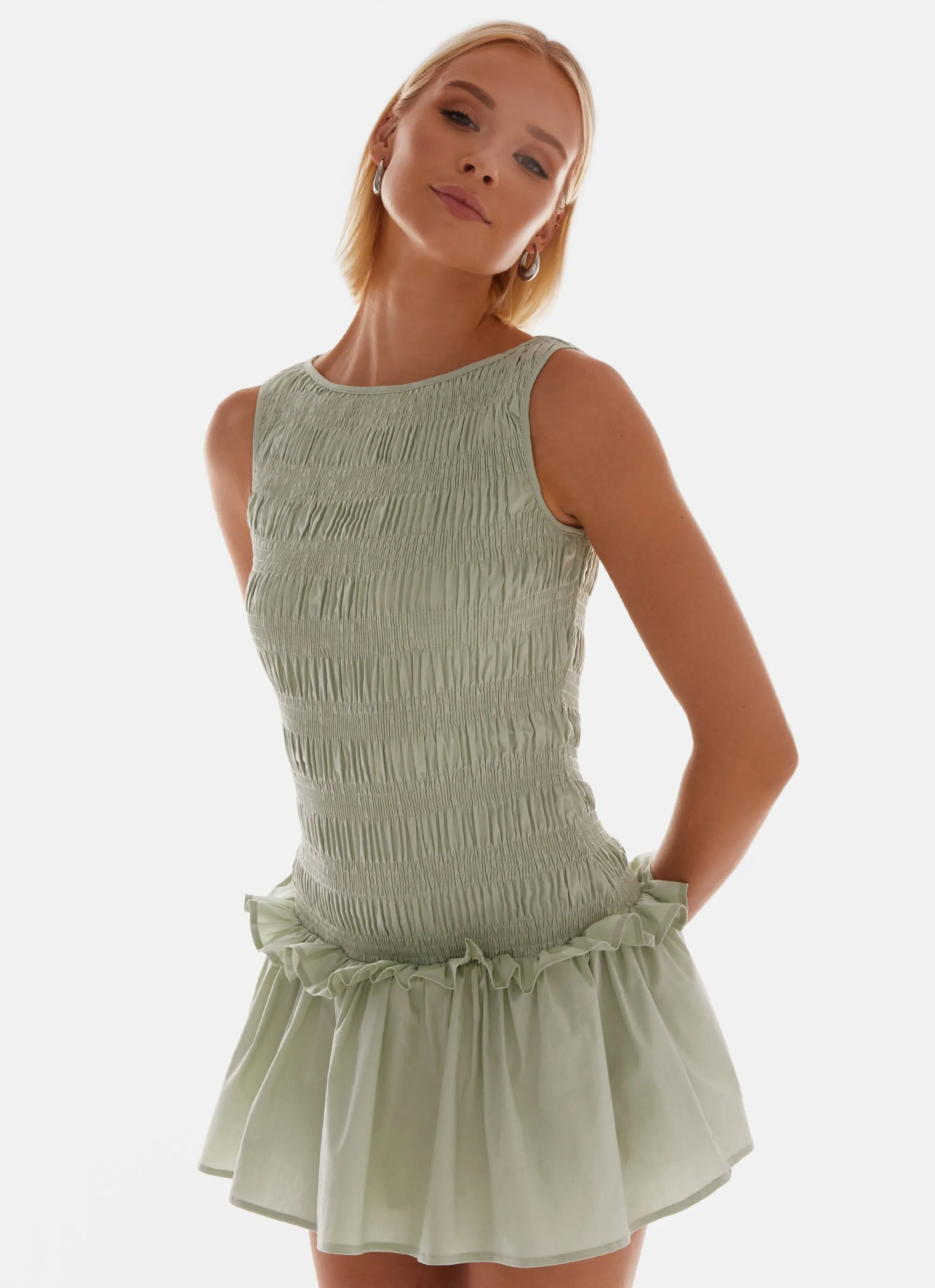 Daily Essential Garden Kisses Shirred Mini Dress - Sage