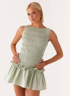 Garden Kisses Shirred Mini Dress - Sage Delicate Texture High Waist