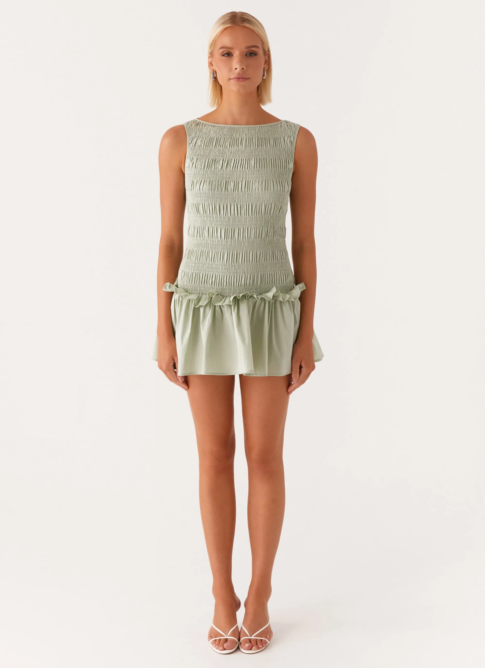 Garden Kisses Shirred Mini Dress - Sage Signature Line Scalloped Edge