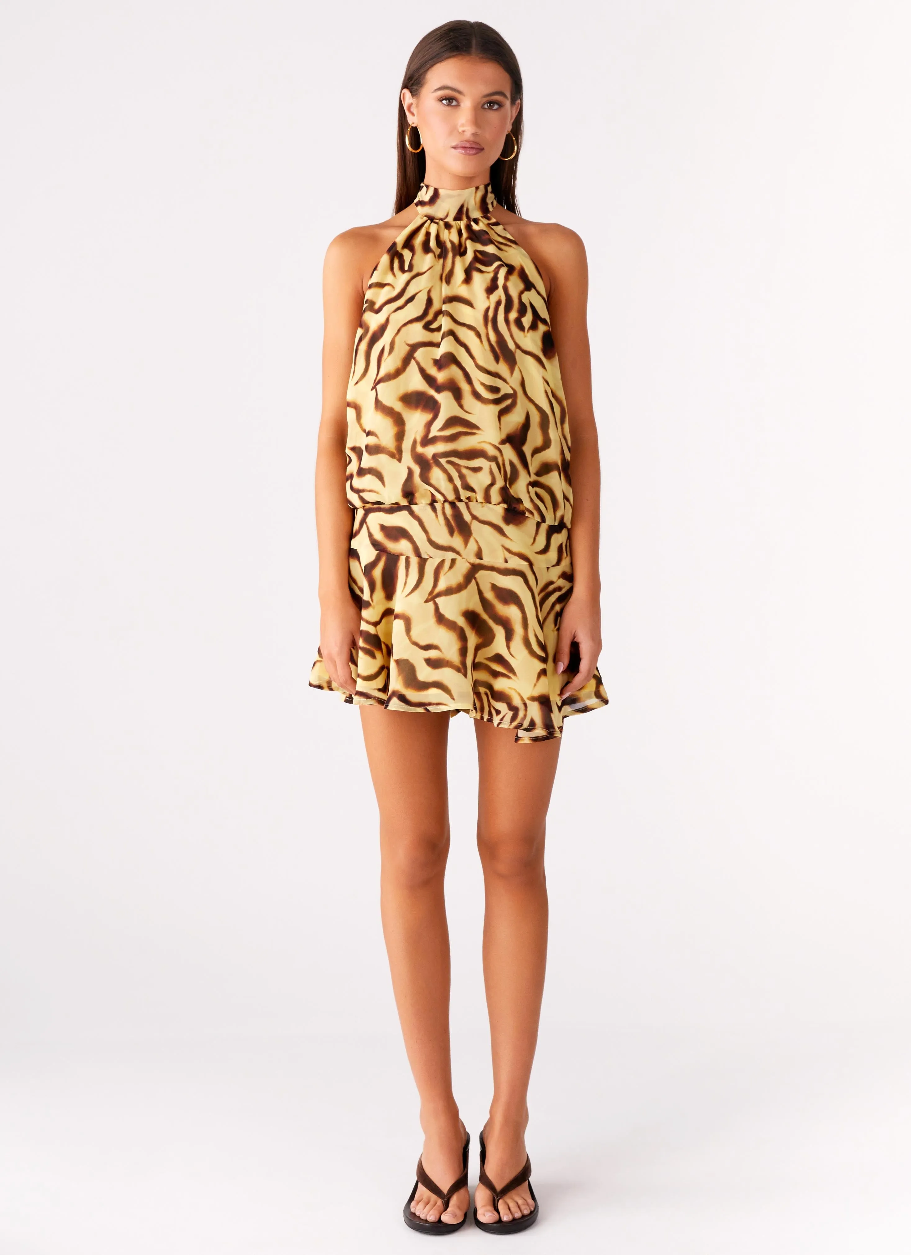 Neutral-Shade Shine Dressy Zulla Backless Mini Dress - Laguna Print