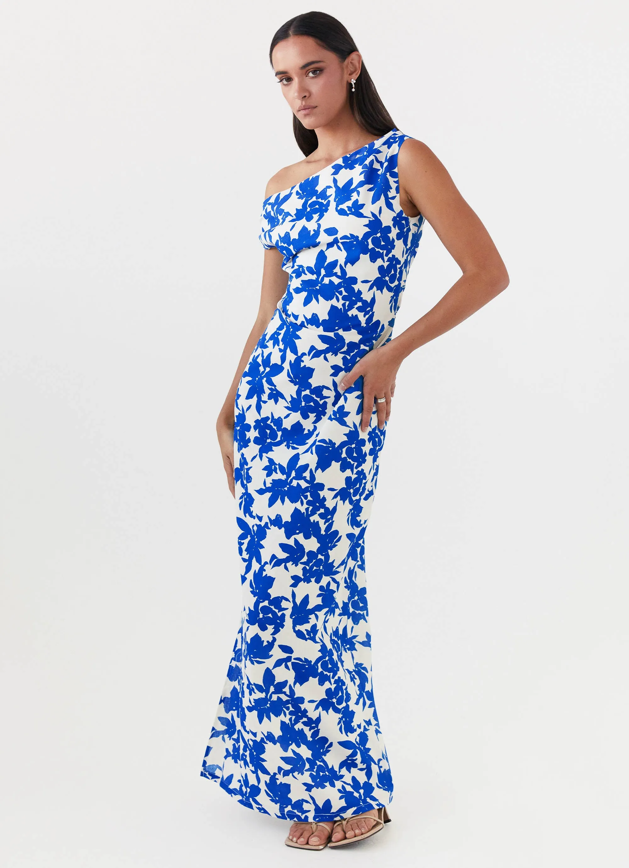 Gemstone-Detail Polished Details Pyper Off Shoulder Maxi Dress - Blue Floral