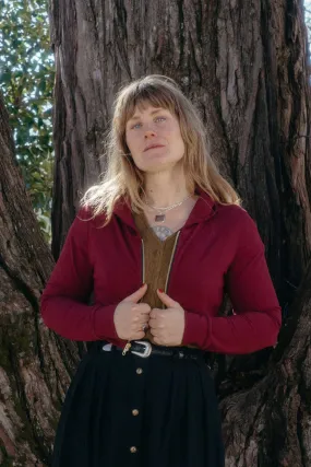 Button Down Collar Style Cropped Hoodie In Merlot