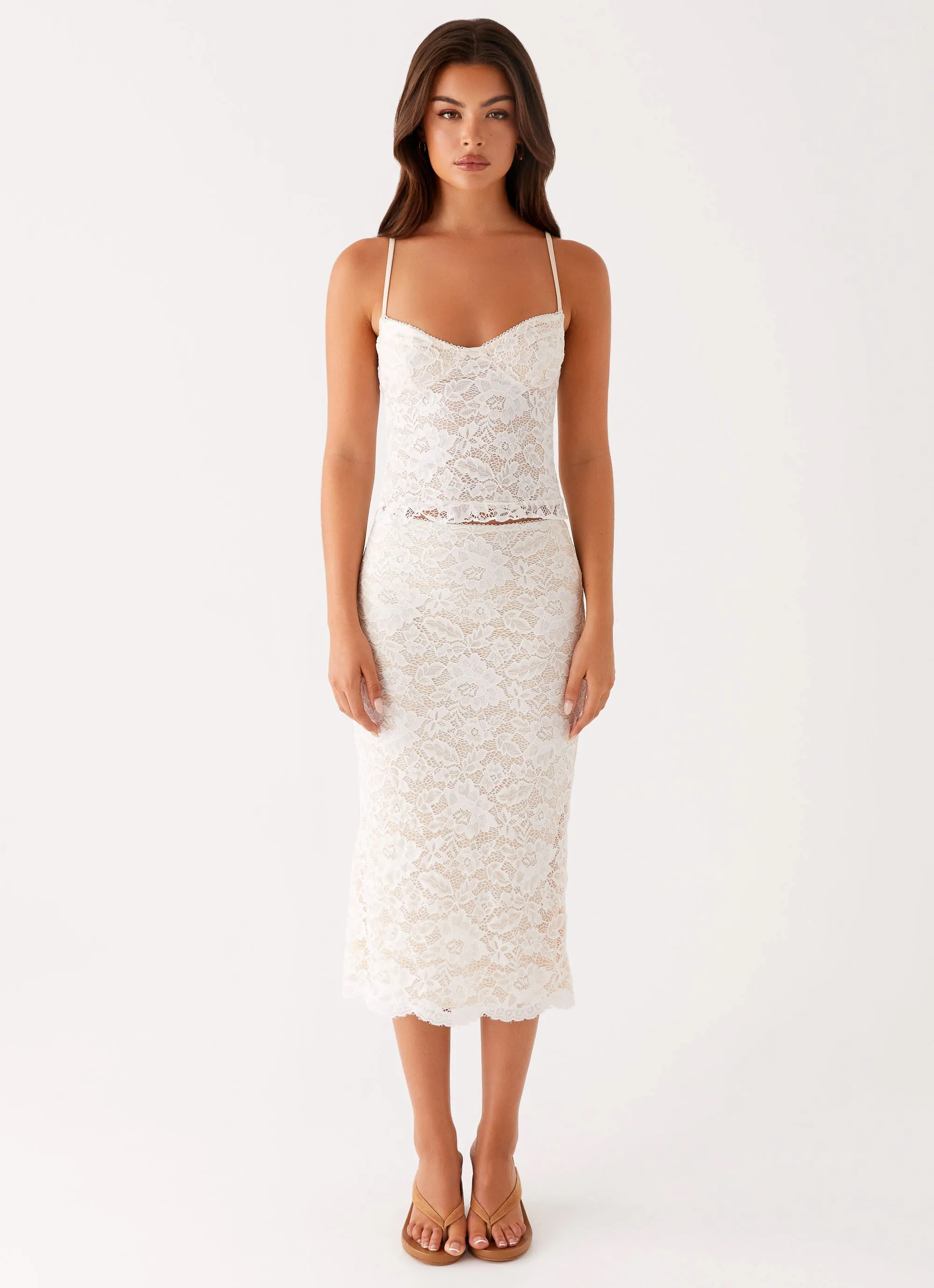 Crystal Clear Lace Midi Skirt - Ivory Foil Print Layer Combo