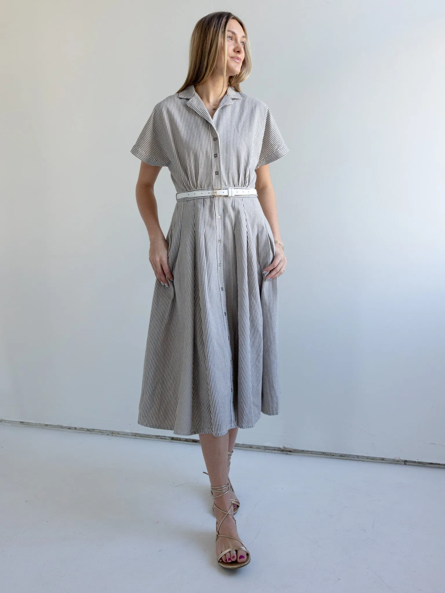 Waverley Stripe Dress Matte Fabric Flare Hem