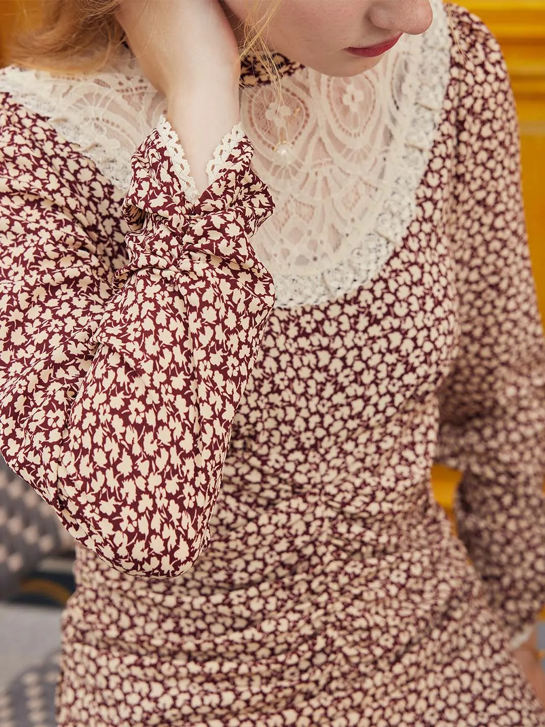 Layering Fit Camila Maple Leaf Print Mock Neck Lace Contrast Dress