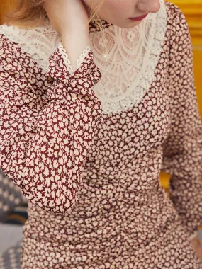 Layering Fit Camila Maple Leaf Print Mock Neck Lace Contrast Dress